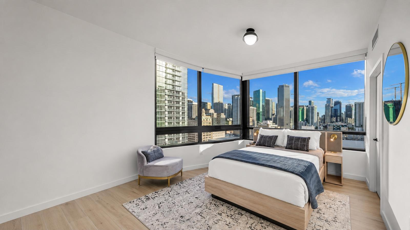 Downtown Miami bedroom with skyline views