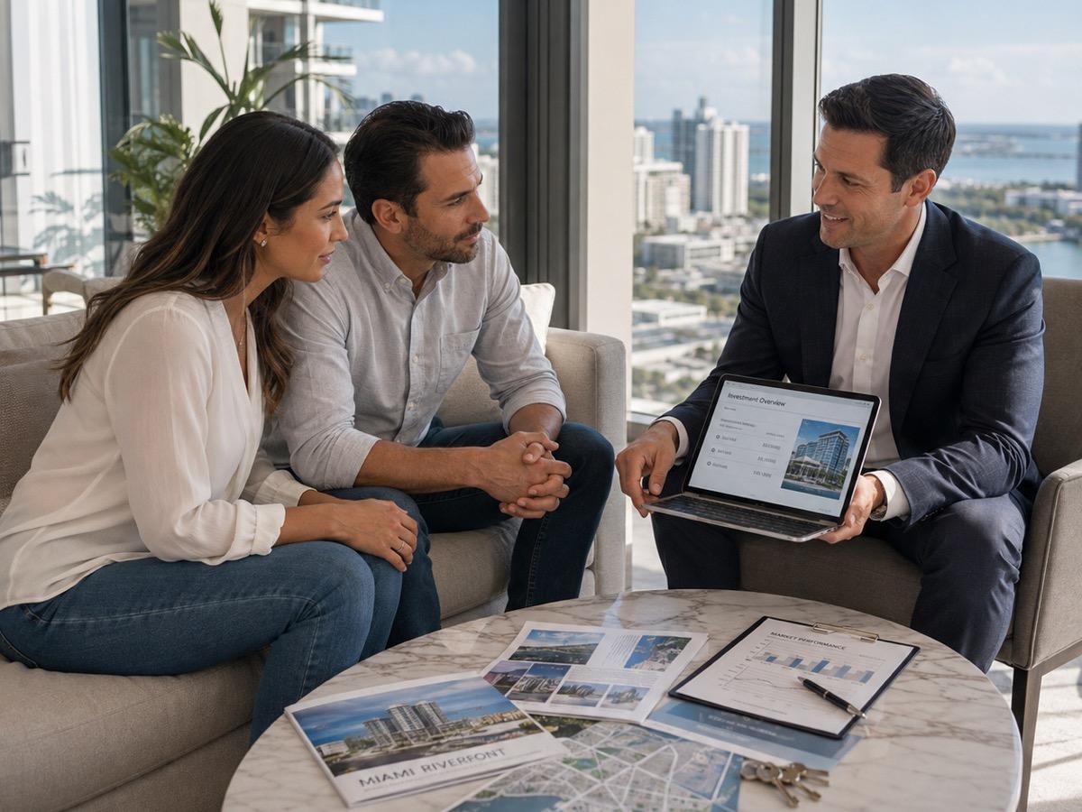 An investor consultation over a laptop and market figures, overlooking Miami