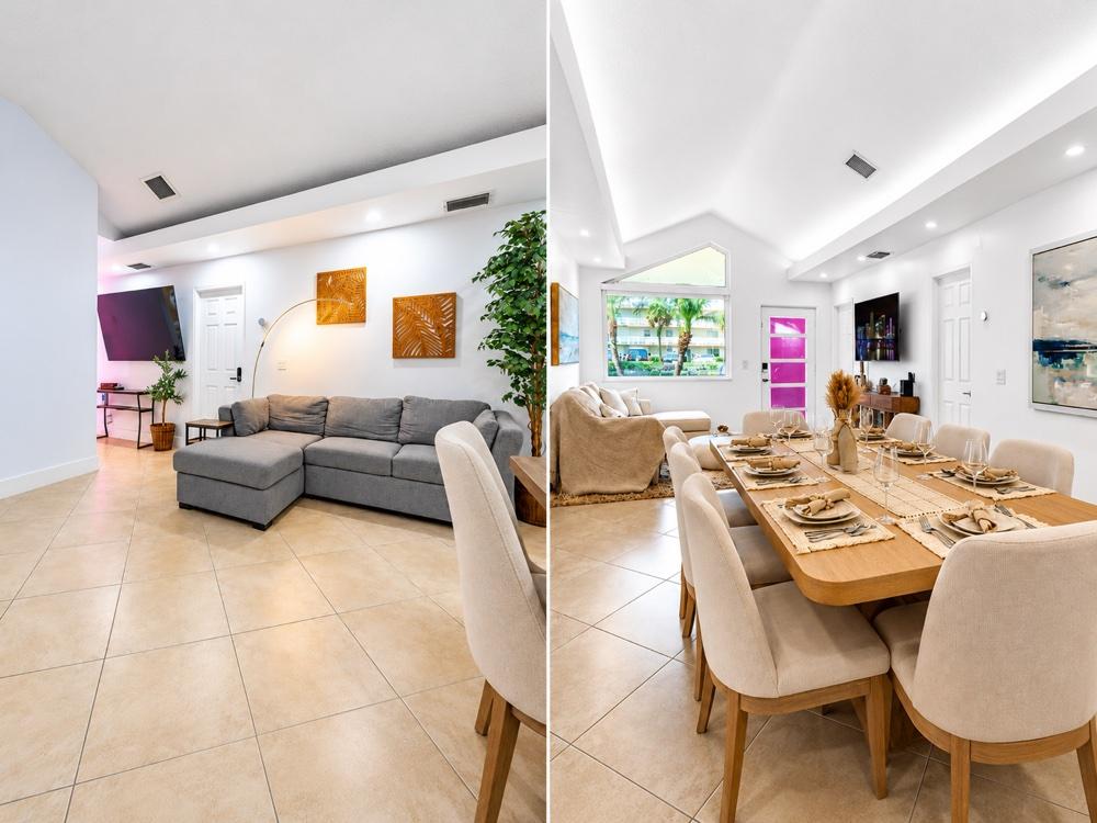Two views of a furnished living and dining space