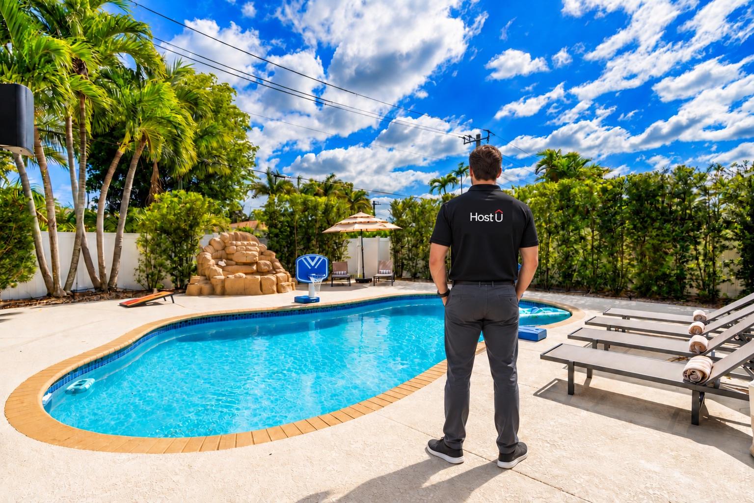 Person wearing a black Host U shirt overlooking a private pool