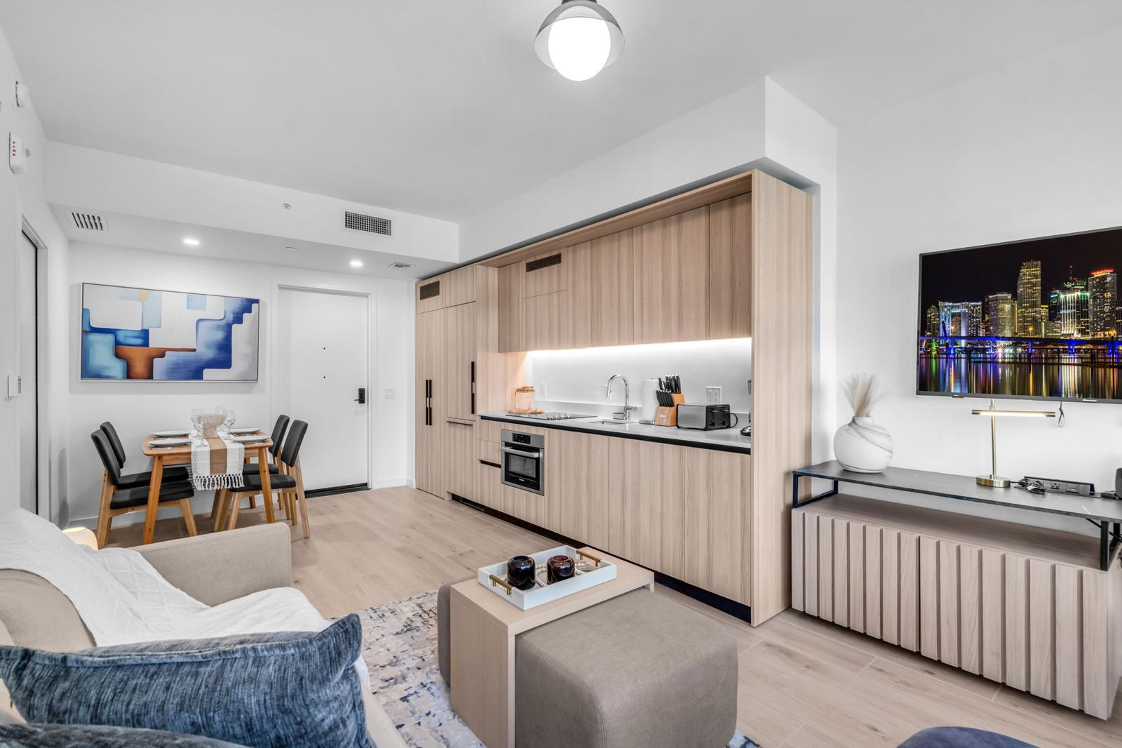 Downtown Miami condo living and kitchen