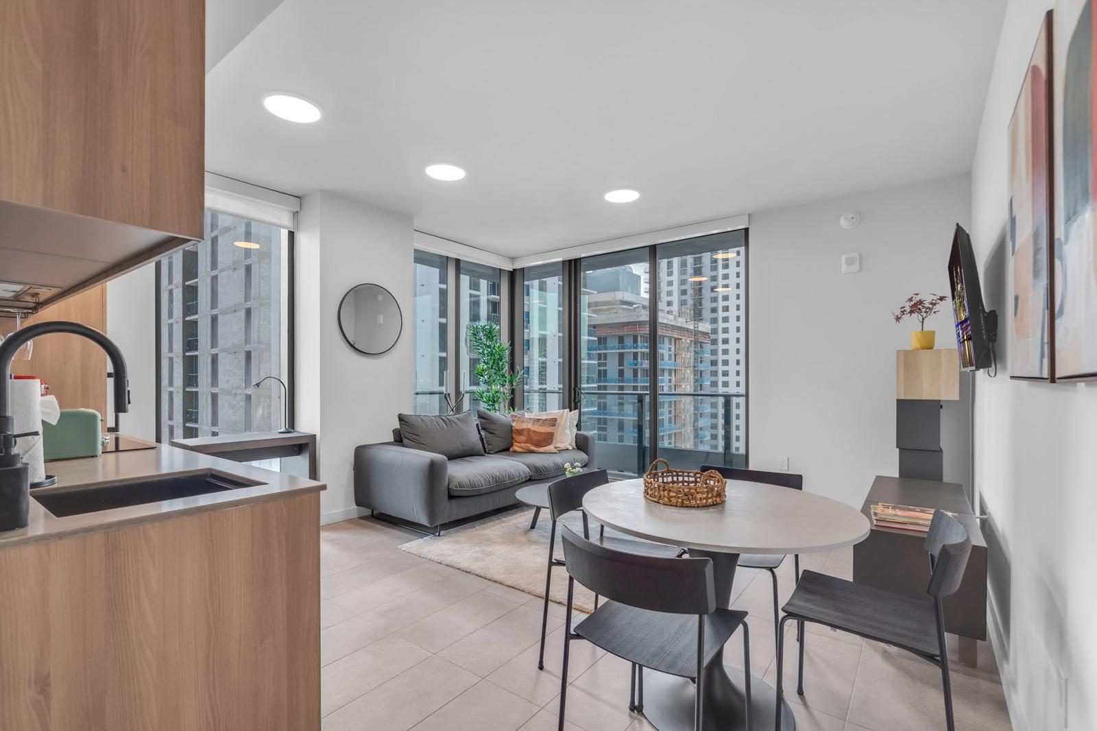 Brickell condo living room with skyline